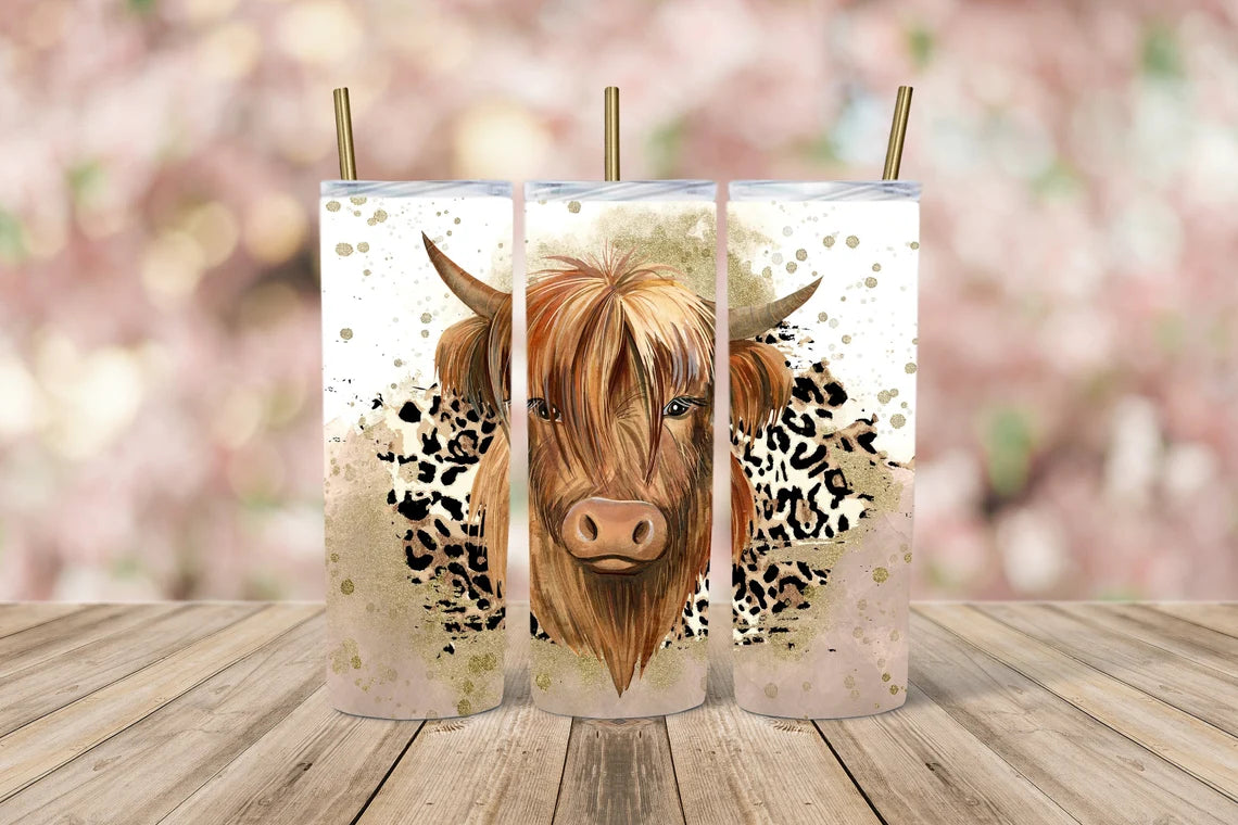 Highland Cow Leopard 20 oz insulated tumbler with lid and straw