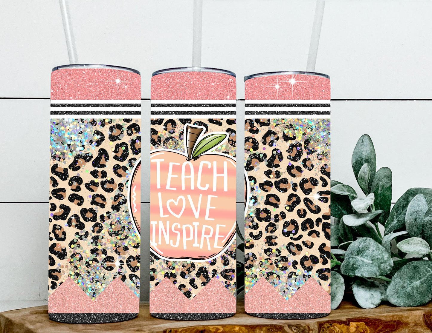 Teach Love Inspire Apple with Glitter Leopard Pencil