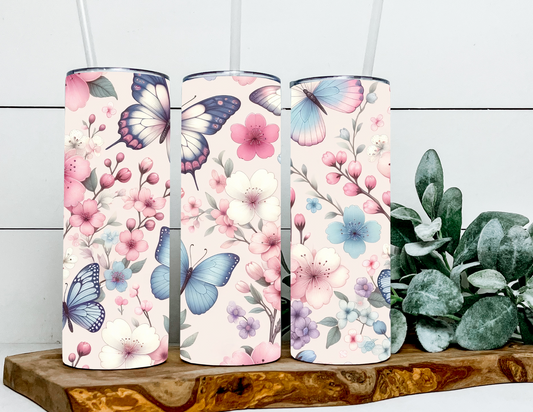 Butterflies Blue Pink Flowers
